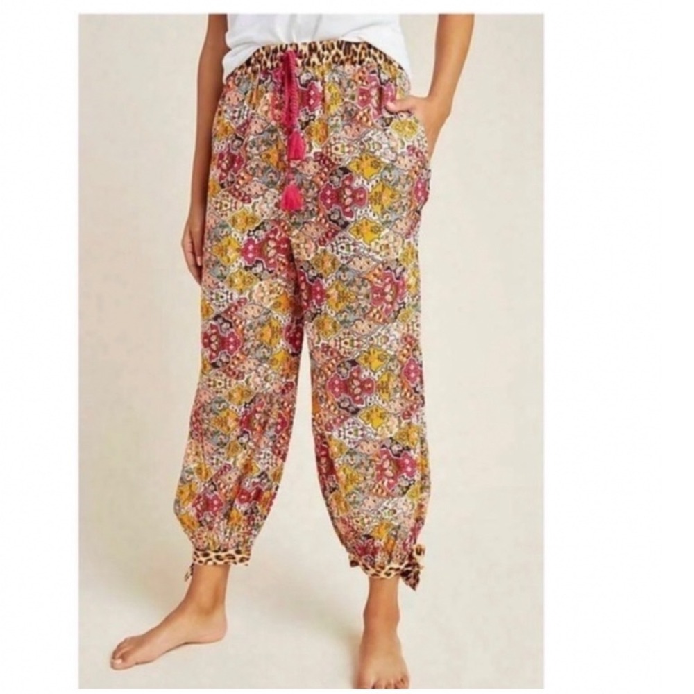 Anthropologie Liane Lounge Pants M Floral Leopard Print Boho Harem Cropped Pink